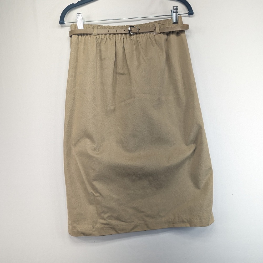 Vintage Robyn USA Tan Khaki Elastic Waist Belted Pencil Skirt Made in USA 7063KT